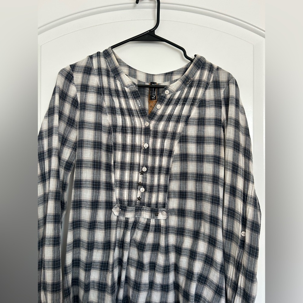 Free People Plaid Babydoll Button-Up Long Sleeve Shirt Size L boho cottagecore - Picture 7 of 11